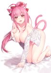  1girl :d absurdres ahoge all_fours animal_ear_fluff animal_ears bare_legs bare_shoulders barefoot blush bow breasts cat_ears cat_girl cat_tail cleavage collarbone covering_nipples fang hair_bow highres ia_(ias1010) large_breasts long_hair long_sleeves looking_at_viewer naked_shirt open_clothes open_mouth open_shirt original pink_hair ponytail red_bow red_eyes shirt simple_background smile solo tail tail_raised thighs very_long_hair white_background white_shirt 