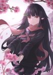  1girl absurdres bangs black_hair bow cherry_blossoms closed_mouth eyebrows_visible_through_hair floral_background flower girls_frontline hair_flower hair_ornament highres holding long_hair long_sleeves looking_at_viewer misaki159123 petals red_bow red_eyes red_scarf scarf school_uniform serafuku skirt smile solo type_100_(girls_frontline) 