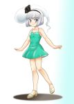  1girl adapted_costume alternate_costume black_ribbon blue_eyes blush dress green_dress hair_ribbon highres hoshikawa_tsukimi konpaku_youmu konpaku_youmu_(ghost) ribbon sandals silver_hair smile touhou 