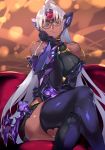  1girl absurdres android bangs bare_shoulders blue_eyes blurry blurry_background breasts closed_mouth commentary_request couch crossed_legs dark_skin dress elbow_gloves glasses gloves hand_on_own_chin headgear highres large_breasts lips long_hair looking_at_viewer negresco shiny shiny_clothes shiny_hair shiny_skin short_dress silver_hair sitting sleeveless smile solo t-elos t-elos_re thighhighs turtleneck xenoblade_(series) xenoblade_2 xenosaga xenosaga_episode_iii 