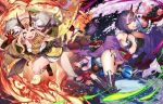  2girls alcohol ass barefoot blonde_hair claws fang fate/grand_order fate_(series) feet fire food fruit gem grapes highres horns ibaraki_douji_(fate/grand_order) japanese_clothes jewelry kimono long_hair looking_at_viewer multiple_girls oni oni_horns open_mouth peach petals purple_hair ribbon sake short_hair shuten_douji_(fate/grand_order) sword tamawo222 tattoo weapon yellow_eyes 