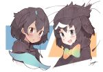  2girls bird_wings black_cloak black_hair black_shirt blue_eyes blue_hair blush bow bowtie brown_eyes cabbie_hat cloak commentary_request enk_0822 eyebrows_visible_through_hair fur_trim greater_lophorina_(kemono_friends) hat head_wings kemono_friends multicolored_hair multiple_girls open_mouth shirt short_hair signature smile turtleneck western_parotia_(kemono_friends) wings 