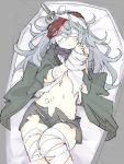  1girl bandaged_arm bandaged_hands bandaged_head bandaged_leg bandages bangs blindfold blush bound bound_wrists covered_eyes cowboy_shot g11_(girls_frontline) girls_frontline green_jacket grey_hair hair_between_eyes jacket knife knife_in_head long_hair lying messy_hair midriff mobu navel on_back open_clothes open_jacket open_mouth personification scarf_on_head shorts sketch solo stomach torn_clothes torn_shorts 