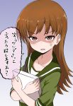  1girl absurdres anger_vein angry brown_eyes brown_hair crossed_arms highres holding kantai_collection long_hair looking_at_viewer okitsugu ooi_(kantai_collection) paper school_uniform serafuku shaded_face simple_background speech_bubble translated upper_body 