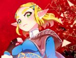  1girl black_gloves blonde_hair braid breasts chichi_band closed_mouth crown_braid fingerless_gloves fingernails gloves green_eyes hair_ornament hairclip hand_up medium_breasts pointy_ears princess_zelda red_background short_hair solo the_legend_of_zelda the_legend_of_zelda:_breath_of_the_wild the_legend_of_zelda:_breath_of_the_wild_2 thick_eyebrows turtleneck 