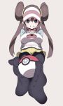  1girl bane_(haibanemumi) black_legwear blue_eyes blue_shirt breasts brown_hair double_bun feet foot_hold grin highres holding holding_poke_ball impossible_clothes impossible_shirt large_breasts long_hair long_sleeves looking_at_viewer mei_(pokemon) multicolored_shirt pantyhose poke_ball poke_ball_symbol pokemon pokemon_(game) pokemon_bw2 raglan_sleeves shirt shorts smile solo visor_cap white_shirt yellow_shorts 