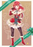  1girl blush breasts christmas commentary_request dress gloves long_hair looking_at_viewer pantyhose piggybank_(pixiv) primiera_(saga) red_hair saga saga_frontier_2 solo 