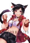  1girl animal_ears black_hair black_shorts breasts cat_ears cat_tail clenched_hands commentary commission ear_ornament final_fantasy final_fantasy_xiv from_below gloves jacket looking_at_viewer medium_breasts miqo&#039;te navel open_mouth original red_gloves red_jacket rirene_rn short_hair shorts simple_background solo tail upper_teeth white_background 