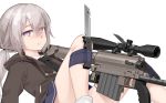  1girl bare_legs bolt_action cheytac_m200 close-up combat_knife commentary eyebrows_visible_through_hair eyes_visible_through_hair girls_frontline gun highres jacket knee_up knife legs looking_at_viewer m200_(girls_frontline) ponytail rifle school_uniform silver_eyes silver_hair simple_background single_sock skirt sniper_rifle socks soles solo tagme thighs vectorek weapon white_background 