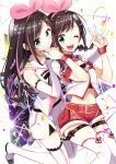  2girls ;d a.i._channel bangs bare_shoulders belt belt_buckle black_bow boots bow brown_hair buckle closed_mouth commentary_request confetti detached_sleeves dual_persona eyebrows_visible_through_hair fingernails green_eyes hair_ribbon hairband hands_together highres kizuna_ai lace lace-trimmed_legwear lace-trimmed_sleeves long_hair long_sleeves multicolored_hair multiple_girls one_eye_closed open_mouth pink_hair pink_hairband pink_ribbon red_belt red_shorts ribbon round_teeth sailor_collar sakuragi_ren shirt short_shorts short_sleeves shorts sleeveless sleeveless_shirt sleeves_past_wrists smile streaked_hair striped striped_bow teeth thigh_boots thighhighs upper_teeth v very_long_hair virtual_youtuber white_background white_footwear white_legwear white_sailor_collar white_shirt white_shorts white_sleeves 