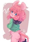  1girl animal_ears ass blue_eyes blue_skirt clothes_lift from_behind furry green_sweater highres lifted_by_self looking_back mouse_ears mouse_girl_(yuuki_(yuyuki000)) mouse_tail open_mouth original panties pink_hair pink_panties school_uniform serafuku shirt short_hair side-tie_panties skirt skirt_pull smile solo sweater sweater_lift tail tail_cutout underwear white_shirt yuuki_(yuyuki000) 