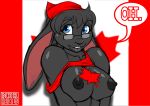  2019 anthro blue_eyes breasts canada clothing dialogue exposed_breasts female flag_background half-length_portrait lagomorph leporid looking_at_viewer mammal max_blackrabbit maxine_blackbunny nipples portrait rabbit raised_clothing raised_shirt shirt simple_background smile solo topwear 