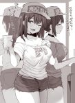  3girls bare_shoulders baseball_cap breast_milk breasts bubble_tea choker clothes_writing commentary_request cowboy_shot cup cutoffs denim denim_shorts english_text hat holding holding_cup large_breasts looking_at_viewer monochrome multiple_girls noripachi off-shoulder_shirt off_shoulder one_eye_closed original shirt shorts translation_request 