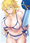  1girl ahoge artoria_pendragon_(all) bare_shoulders baseball_cap bikini blonde_hair blue_eyes blush breasts cleavage closed_mouth commentary_request covered_nipples eyebrows_visible_through_hair fate/grand_order fate_(series) hair_between_eyes hat holding holding_weapon huge_breasts mysterious_heroine_xx_(foreigner) navel ponytail revision side-tie_bikini sidelocks smile soba_(saz) stomach swimsuit thighs underboob weapon white_bikini 