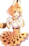  1girl absurdres animal_ears animal_ears_(artist) blush bow bowtie breasts brown_eyes elbow_gloves gloves highres kemono_friends large_breasts multicolored multicolored_clothes multicolored_gloves multicolored_neckwear open_mouth orange_bow orange_gloves orange_hair orange_neckwear orange_skirt serval_(kemono_friends) serval_ears serval_tail short_hair skirt sleeveless smile solo tail white_gloves white_neckwear 