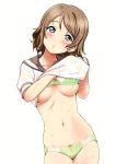 1girl :o absurdres blue_eyes blush bow bow_bra bow_panties bra bra_lift breasts brown_hair cowboy_shot eyebrows_visible_through_hair green_bra green_panties head_tilt highres looking_at_viewer love_live! love_live!_sunshine!! medium_breasts navel no_pants panties parted_lips rozen5 sailor_collar sailor_shirt scan see-through shirt shirt_lift short_hair simple_background solo underboob underwear undressing watanabe_you wet wet_clothes wet_hair wet_shirt white_background 