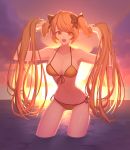  1girl armpits bikini breasts cleavage cloud collarbone front-tie_top g5_(artist) groin highres king&#039;s_raid leina long_hair medium_breasts navel ocean orange_bikini orange_eyes orange_hair side-tie_bikini smile solo sunset swimsuit twintails wading water 