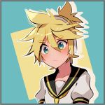  1boy aqua_background aqua_eyes blonde_hair blue_eyes closed_mouth collarbone cutout ei_flow eyebrows_visible_through_hair hair_between_eyes headset highres kagamine_len male_focus messy_hair multicolored multicolored_background necktie ponytail sailor_collar simple_background thick_eyebrows vocaloid 