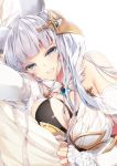  1girl 218 animal_ears asymmetrical_clothes bangs bare_shoulders blue_eyes blunt_bangs blush breasts cleavage dress elbow_gloves erune eyebrows_visible_through_hair fingerless_gloves gloves granblue_fantasy hair_ornament korwa large_breasts long_hair looking_at_viewer lying on_side parted_lips silver_hair simple_background skindentation smile solo tape_measure white_background 