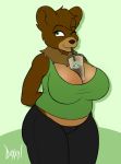  beverage breasts brown_bear brown_fur clothing doxxyl female fur green_eyes grizzly_bear hands-free_bubble_tea hi_res karleen mammal meme one_eye_closed slightly_chubby smile solo thick_thighs ursid ursine 