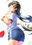  1girl :t ahoge artist_logo ass bangs black_hair blue_shorts blurry blurry_foreground blush bralines character_name cowboy_shot dango depth_of_field eating emblem eyebrows_visible_through_hair food from_behind girls_und_panzer gym_shorts gym_uniform highres holding holding_food isuzu_hana long_hair looking_at_viewer one_eye_closed ooarai_(emblem) pairan pantylines petals print_shirt shirt short_shorts short_sleeves shorts simple_background single_vertical_stripe solo standing sweatdrop t-shirt wagashi white_background white_shirt wind 