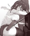 2girls amplifier blurry blurry_background breast_rest breasts cutoffs denim denim_shorts depth_of_field electric_guitar guitar instrument lactation lactation_through_clothes large_breasts long_hair monochrome multiple_girls noripachi original shorts sleeping solo_focus strap_slip symbol_commentary tank_top thighhighs zzz 