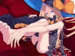  abigail_williams_(fate/grand_order) artist_request bangs barefoot black_bow black_legwear blonde_hair blue_eyes bow fate/grand_order fate_(series) feet hat highres long_hair looking_at_viewer orange_bow parted_bangs polka_dot polka_dot_bow sitting stuffed_animal stuffed_toy teddy_bear toes witch_hat 