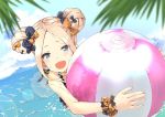  1girl :d abigail_williams_(fate/grand_order) ball bangs beachball black_bow blue_eyes bow double_bun emerald_float fate/grand_order fate_(series) frilled_tankini holding holding_ball iwasaki_takashi open_mouth orange_bow parted_bangs sketch smile swimsuit tankini wading water 