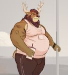  anthro antlers belly beverage brown_fur bulge cervid clothed clothing ear_piercing ear_ring fur grin holding_beverage holding_object horn male mammal moobs musclegut muscular muscular_male overweight overweight_male piercing smile solo standing tattoo tcw 
