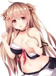  1girl akiori_koromo bikini black_skirt blush breasts brown_eyes eyebrows_visible_through_hair hair_between_eyes hair_ribbon kantai_collection large_breasts light_brown_hair long_hair murasame_(kantai_collection) navel open_mouth remodel_(kantai_collection) ribbon simple_background skirt solo swimsuit twintails white_background 