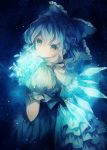  1girl adapted_costume alternate_hairstyle blue_eyes blue_hair blue_theme bouquet bow braid cirno commentary curly_hair dark dress eyelashes flower formal frilled_dress frills glowing hair_bow highres ice ice_wings light_particles looking_at_viewer looking_back open_mouth pale_skin puffy_short_sleeves puffy_sleeves short_hair short_sleeves side_braid sketch solo texture touhou wedding_dress wings wiriam07 