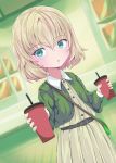  1girl :o bag bangs belt black_belt blonde_hair blue_eyes blurry blurry_background carrying casual collared_dress commentary cup depth_of_field disposable_cup dress drinking_straw dutch_angle eyebrows_visible_through_hair girls_und_panzer green_sweater handbag holding holding_cup indoors katyusha long_sleeves looking_at_viewer medium_dress parted_lips shibagami short_hair solo standing sweater window yellow_dress 