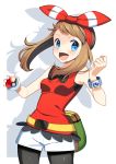  1girl absurdres belt bike_shorts blush bracelet brown_hair cowboy_shot hair_ribbon hand_up happy haruka_(pokemon) highres holding holding_poke_ball jewelry looking_at_viewer open_mouth poke_ball pokemon pokemon_(game) pokemon_oras pouch ribbon shadow short_under_shorts shorts solo tank_top white_background wimple_background yuihiko 