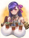  1girl bangs bare_shoulders belt_collar blunt_bangs bow_(bhp) breasts bubble_tea bubble_tea_challenge collar collarbone cropped_torso ears eyebrows_visible_through_hair fate/extra fate/extra_ccc fate/grand_order fate_(series) flying_sweatdrops gigantic_breasts gold_trim hair_ribbon half-closed_eyes head_tilt long_hair o-ring o-ring_top object_on_breast parted_hair passion_lip pink_eyes pink_ribbon purple_hair raised_eyebrows ribbon shiny shiny_hair sideboob simple_background sketch solo too_many 