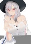  1girl absurdres azur_lane bangs blush breasts butterfly_hair_ornament cleavage collarbone commentary_request dunkerque_(afternoon_aphrodite)_(azur_lane) dunkerque_(azur_lane) grey_hair hair_between_eyes hair_ornament hat head_tilt highres jewelry large_breasts long_hair long_sleeves looking_at_viewer multicolored_hair parted_lips red_eyes ring shiny shiny_hair sidelocks silver_hair simple_background solo strap_slip sun_hat swept_bangs tastysalt two-tone_hair wedding_band white_background wide_sleeves 