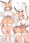  1girl animal_ears areola_slip areolae arms_up bangs blush boots bow bowtie breasts caracal_(kemono_friends) caracal_ears caracal_tail commentary_request elbow_gloves eyebrows_visible_through_hair fang full_body gloves gradient_hair hair_between_eyes hand_on_hip high-waist_skirt highres kemono_friends large_breasts looking_at_viewer multicolored_hair one_eye_closed open_mouth orange_gloves orange_hair orange_legwear orange_skirt panties pantyshot purple_eyes shirt short_hair sideboob simple_background skindentation skirt sleeveless sleeveless_shirt standing stretch tail tanaka_kusao tears thighhighs translation_request underwear white_panties yawning zettai_ryouiki 
