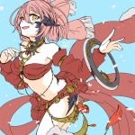  1girl au_ra bare_shoulders blue_background breasts chakram cleavage dancer_(final_fantasy) detached_sleeves dragon_horns final_fantasy final_fantasy_xiv horns jewelry lili_mdoki looking_at_viewer medium_breasts navel necklace open_mouth pink_hair scales short_hair solo weapon yellow_eyes 