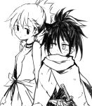  2girls alternate_hairstyle bags_under_eyes blush commentary_request cosplay dororo_(character) dororo_(character)_(cosplay) dororo_(tezuka) hyakkimaru_(dororo) hyakkimaru_(dororo)_(cosplay) japanese_clothes katana kuroki_tomoko maromi_(am97) monochrome multiple_girls nemoto_hina ponytail side-by-side sideways_glance simple_background spiked_hair sweatdrop sword watashi_ga_motenai_no_wa_dou_kangaetemo_omaera_ga_warui! weapon white_background 