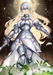  1girl armor armored_dress blonde_hair blurry_foreground eyebrows_visible_through_hair fate/grand_order fate_(series) flower green_eyes hair_ornament highres jeanne_d&#039;arc_(fate) jeanne_d&#039;arc_(fate)_(all) karlwolf lily_(flower) long_hair looking_at_viewer petals standing sword weapon 