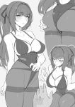  1girl alternate_hairstyle ass ass_grab blush breasts cleavage collarbone command_spell covered_navel evan_yang fate/grand_order fate_(series) hair_intakes highres large_breasts lingerie looking_at_viewer monochrome multiple_views pantyhose ponytail scathach_(fate)_(all) scathach_(fate/grand_order) solo_focus thighband_pantyhose underwear 