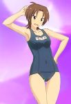  1girl 2015 absurdres annoyed armpits artist_request ass_visible_through_thighs bare_arms bare_legs blue_swimsuit brown_hair covered_navel dutch_angle female hair_between_eyes hand_on_hip highres iizuka_yuzu legs mound_of_venus name_tag official_art one-piece_swimsuit open_mouth sakura_swim_club sakura_trick scan school_swimsuit short_hair solo swimsuit thigh_gap 