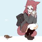  1girl animal_ears bag bangs bird blazer blue_background bow brown_hair cat_ears cat_tail final_fantasy final_fantasy_xiv glasses jacket lili_mdoki long_hair looking_back miqo&#039;te pleated_skirt profile red_hair skirt solo squatting tail 