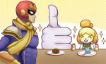  2019 ambiguous_gender animal_crossing anthro armor beverage blush blush_stickers candy canid canine canis captain_falcon clothed clothing crossover disembodied_hand domestic_dog doughnut eyes_closed f-zero female food fur hair headgear helmet hi_res human isabelle_(animal_crossing) male mammal master_hand mix_2180 nintendo open_mouth scarf shih_tzu super_smash_bros. toy_dog video_games yellow_fur 