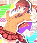  bangs bat_hair_ornament black_shirt blush collared_shirt cross eyebrows_visible_through_hair fang flat_chest gabriel_dropout hair_ornament hair_ribbon jabittoson jumping kurumizawa_satanichia_mcdowell looking_at_viewer multicolored multicolored_background necktie open_mouth orange_sweater_vest paper_cutout pleated_skirt red_eyes red_hair red_skirt ribbon shirt shoes skirt socks sweater_vest thighs v 