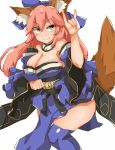  1girl animal_ears bare_shoulders breasts cleavage closed_mouth commentary_request detached_sleeves eyebrows_visible_through_hair fang fang_out fate/extra fate_(series) fox_ears fox_girl fox_tail hair_between_eyes hand_up highres large_breasts long_hair long_sleeves looking_at_viewer nasunasuurin no_bra pink_hair sideboob smile solo tail tamamo_(fate)_(all) tamamo_no_mae_(fate) tsurime wide_sleeves yellow_eyes 