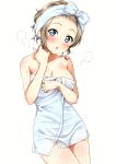  1girl :o absurdres alternate_hairstyle blue_eyes blue_towel blush breasts brown_hair cleavage cowboy_shot forehead highres looking_at_viewer love_live! love_live!_sunshine!! medium_breasts naked_towel open_mouth rozen5 scan short_hair simple_background solo standing steam teeth towel towel_on_head watanabe_you wet white_background 