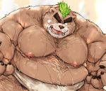  2019 anthro ashigara belly bodily_fluids brown_fur fur humanoid_hands kotobuki male mammal moobs nipples one_eye_closed overweight overweight_male solo sumo sweat tokyo_afterschool_summoners ursid video_games wink 