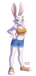  anthro bottomwear breasts clothed clothing denim female green_eyes hi_res lagomorph leporid looking_at_viewer mammal rabbit sally_(skeleito) shorts skeleito solo 