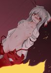  angeldust blush breasts fire fujiwara_no_mokou pussy red_eyes ribbon silver_hair small_breasts solo touhou uncensored undressing 