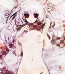  bangs blood breasts checkered duca fujiwara_no_mokou long_hair lying naked_scarf nipples nude red_eyes scarf small_breasts smile solo touhou white_hair 